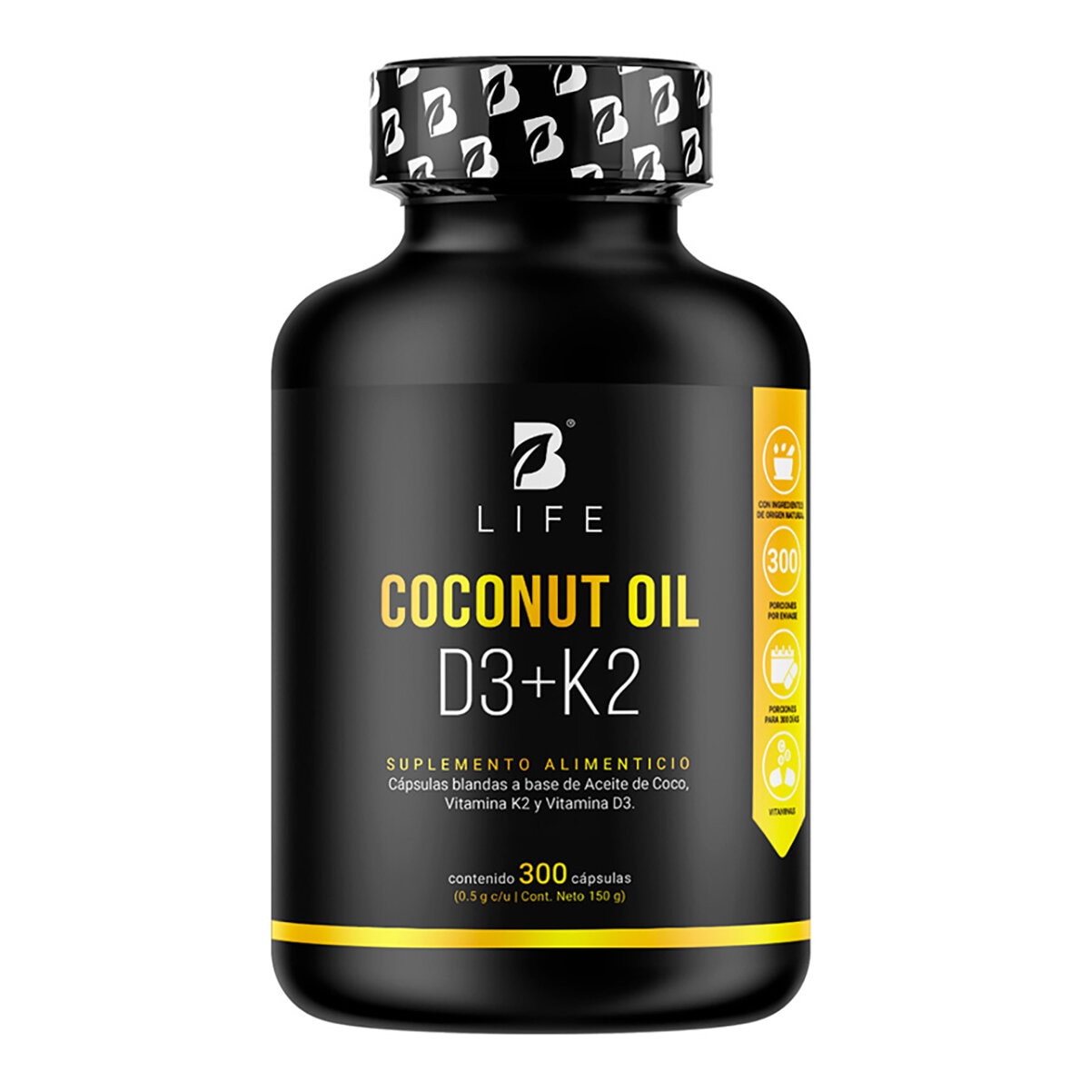 B Life Aceite de Coco, Vitamina D3 y K2 Frasco con 300 Cápsulas de Gel