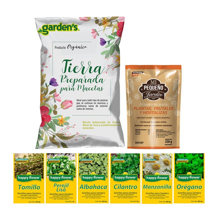 Happy Flower, Kit de Siembra para Huerto, 6 Variedades de Semillas Herbales + 4kg de Tierra + Alimento para Plantas Happy Flower, Kit de Siembra para Huerto, 6 Variedades de Semillas Herbales + 4kg de Tierra + Alimento para Plantas