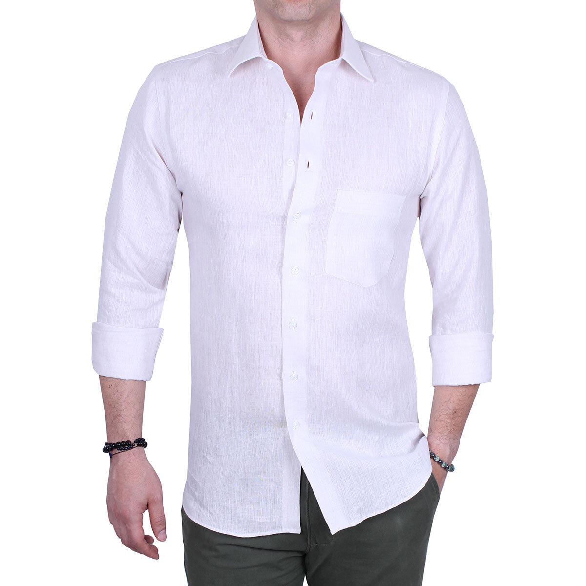 Emporio Colombo, Camisa de Lino para Caballero Corte Regular/Slim en Varias Tallas, Color Hueso