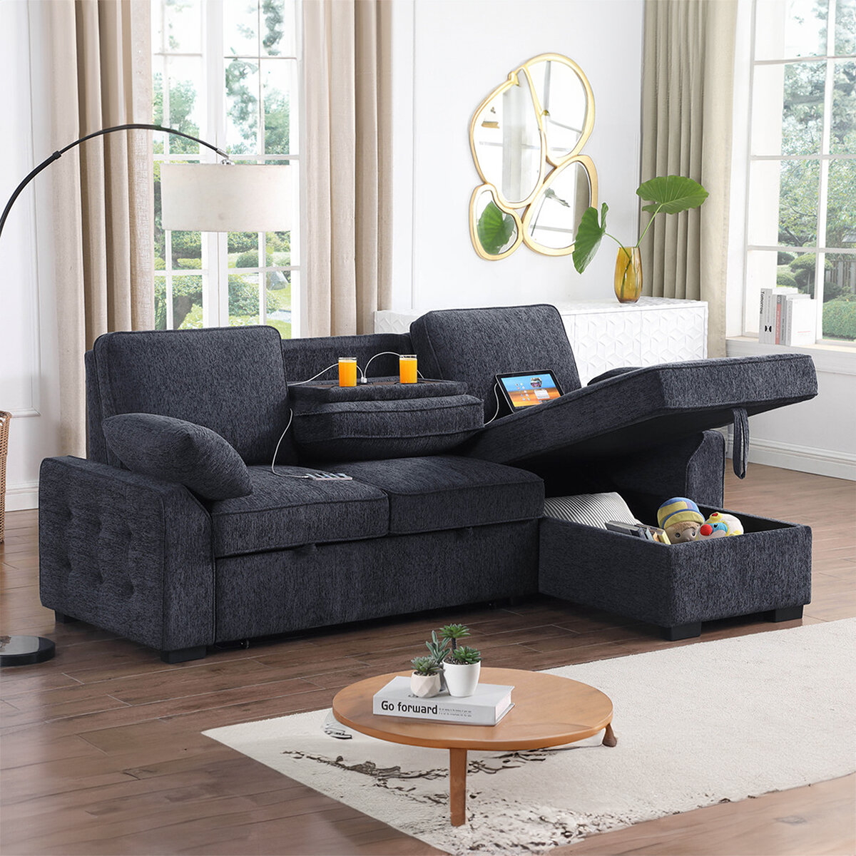 Montbrook Home, Mackenzie, Sofá Cama Seccional con Mesa Desplegable y Almacenamiento