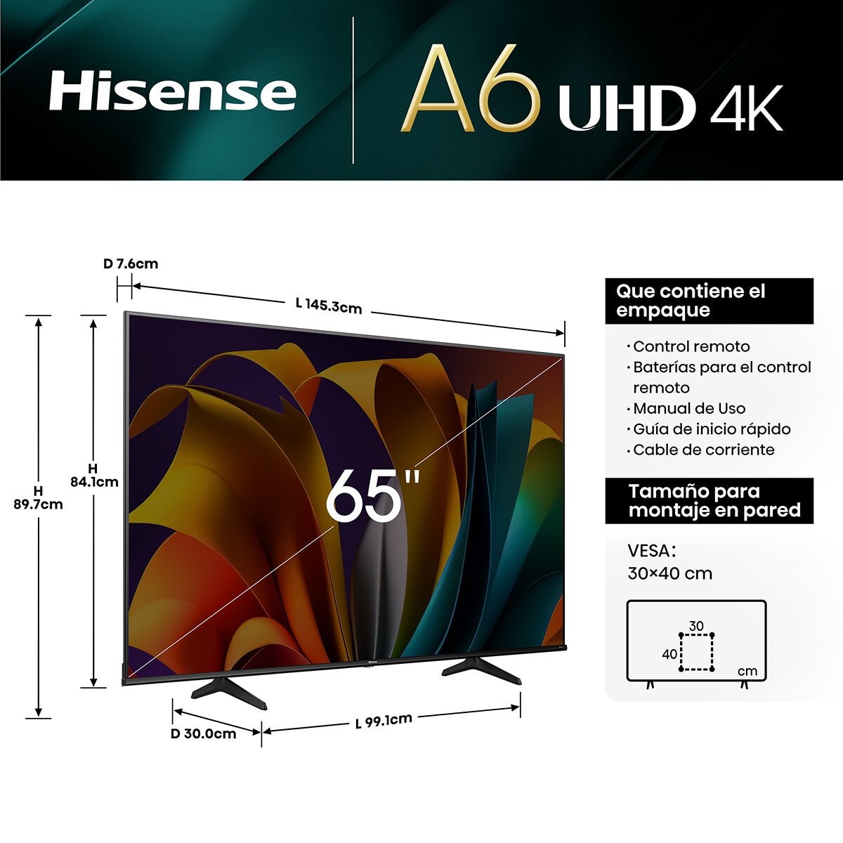 Hisense Pantalla 65" 4K UHD Smart TV
