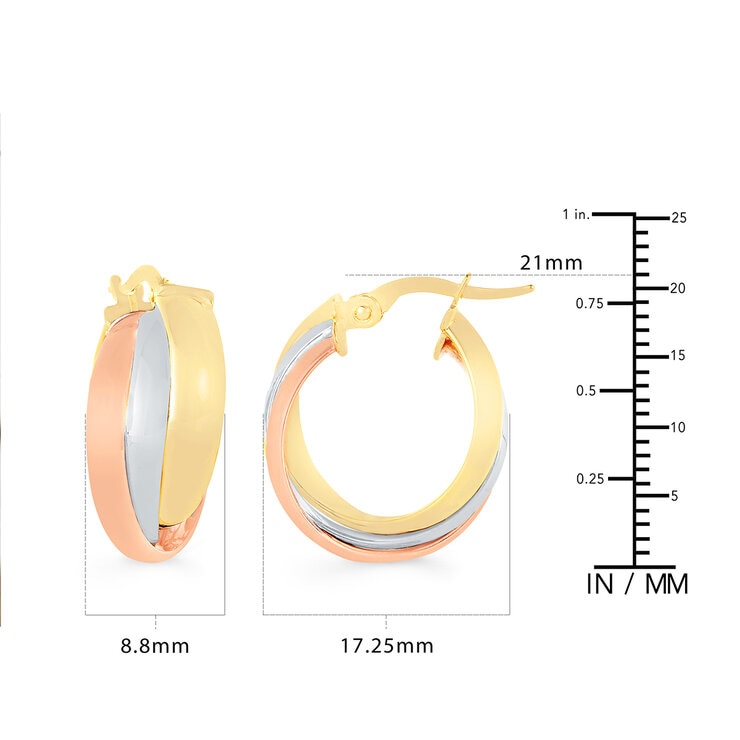 Aretes, Arracadas de Triple Fila, Oro Tres Tonos 14K Aretes, Arracadas de Triple Fila, Oro Tres Tonos 14K