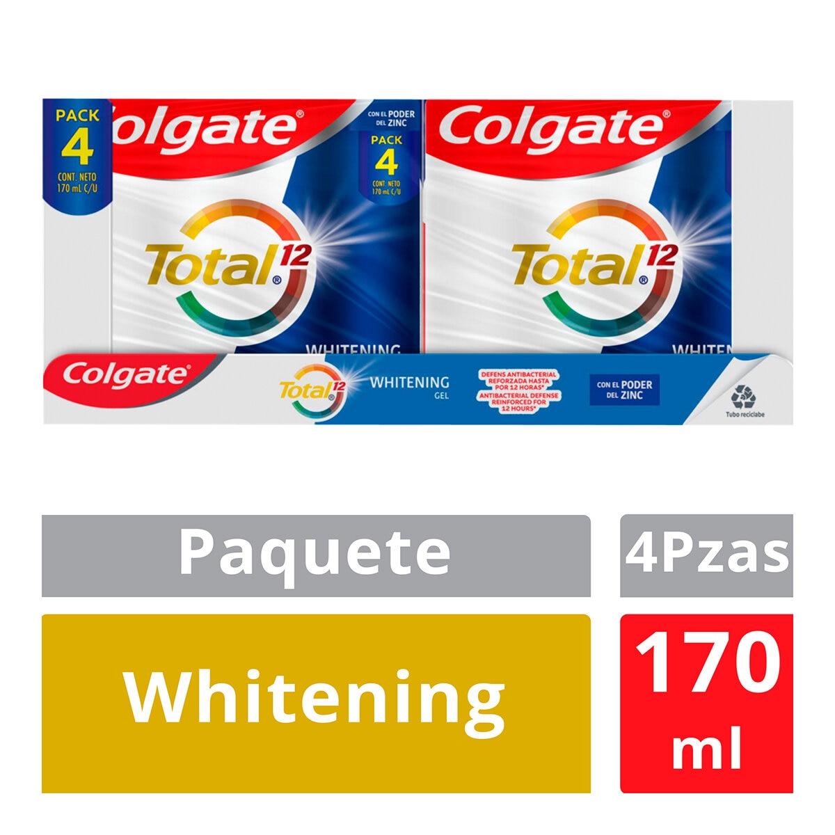 Colgate Pasta Dental Total 12 Whitening 4 piezas de 170 ml