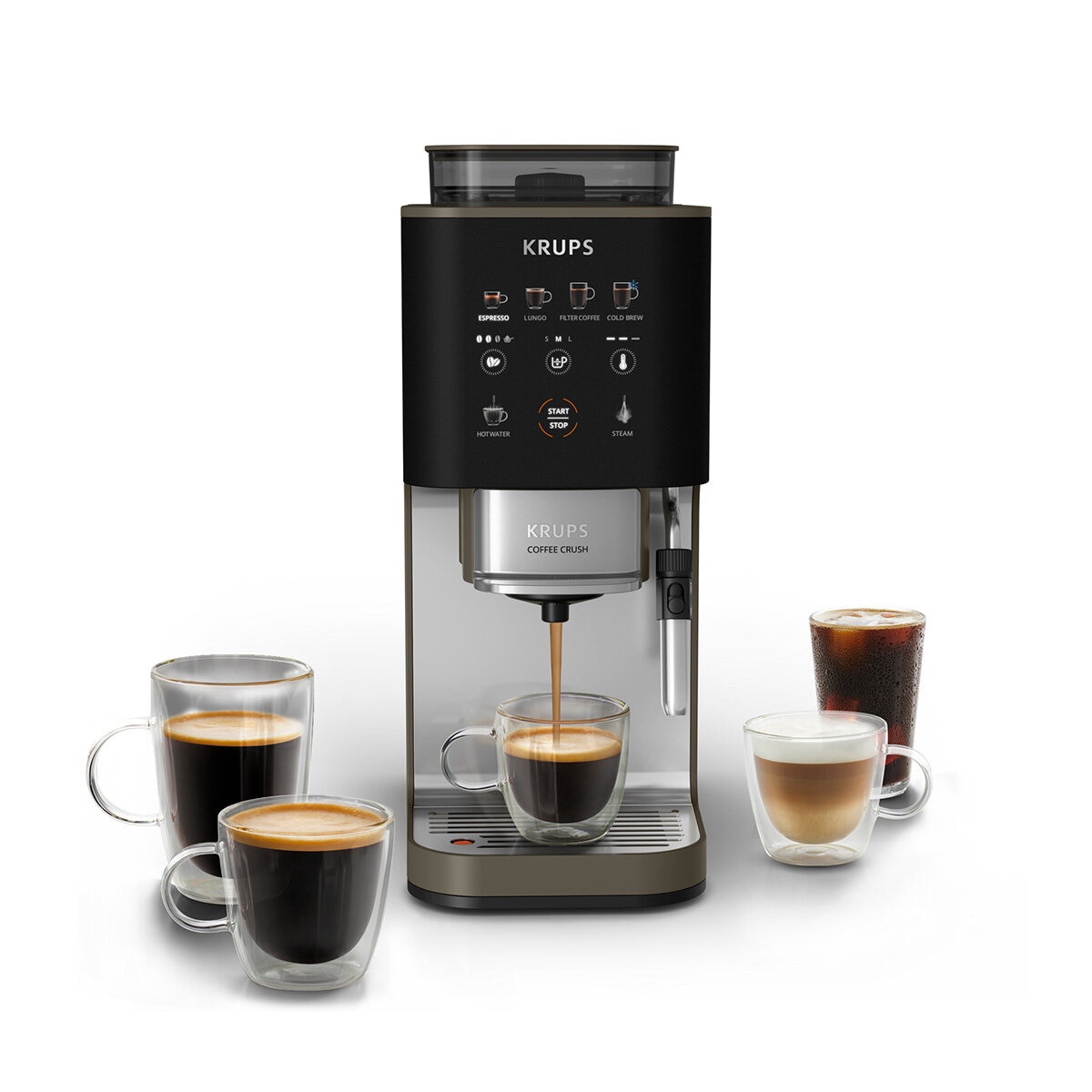 Krups Coffee Crush Experience, Cafetera Automática con Espumador de leche compatible con café en grano y molido