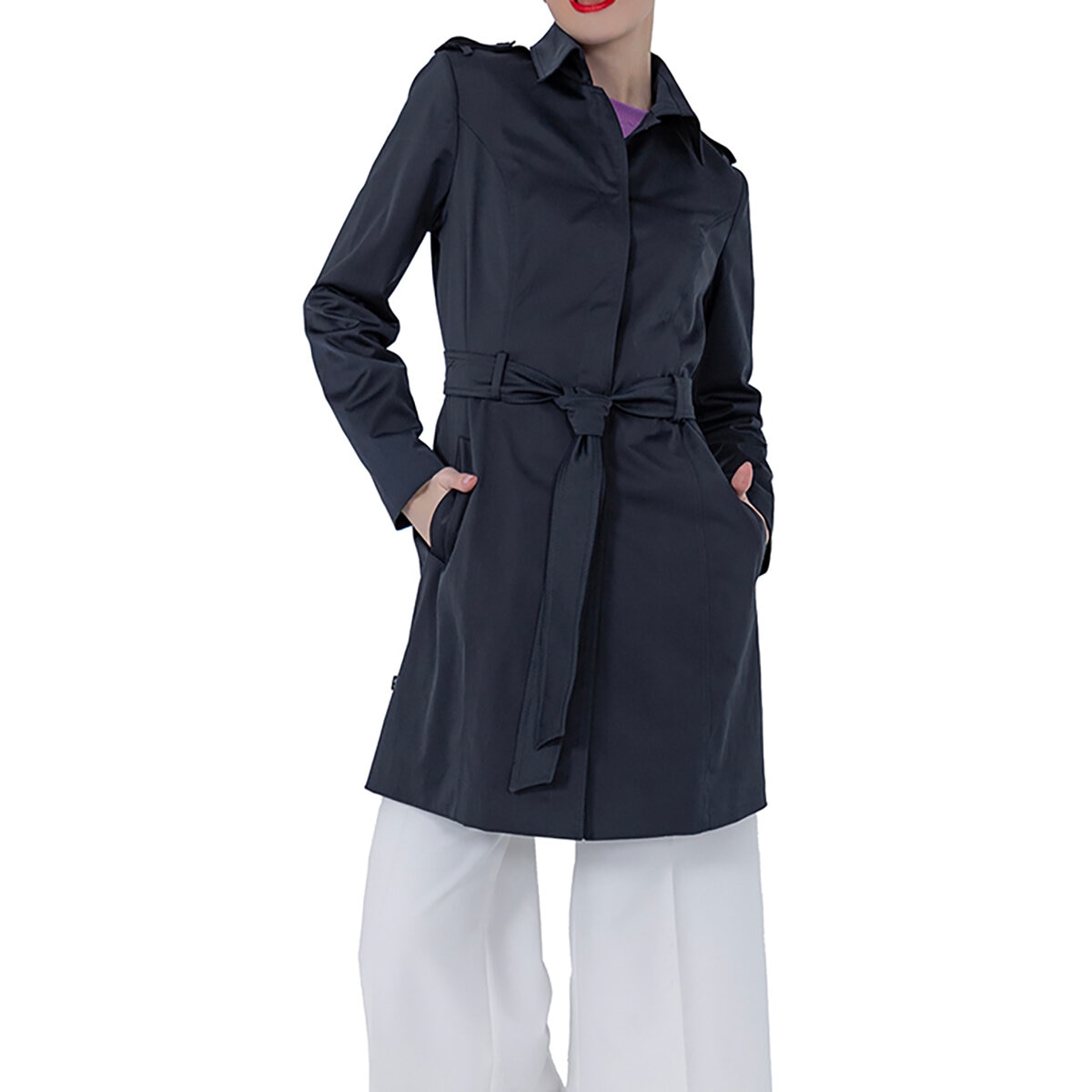 Shyla, Gabardina Tradicional con Cinturón y Charreteras, para Dama, Color Azul Marino, Varias Tallas