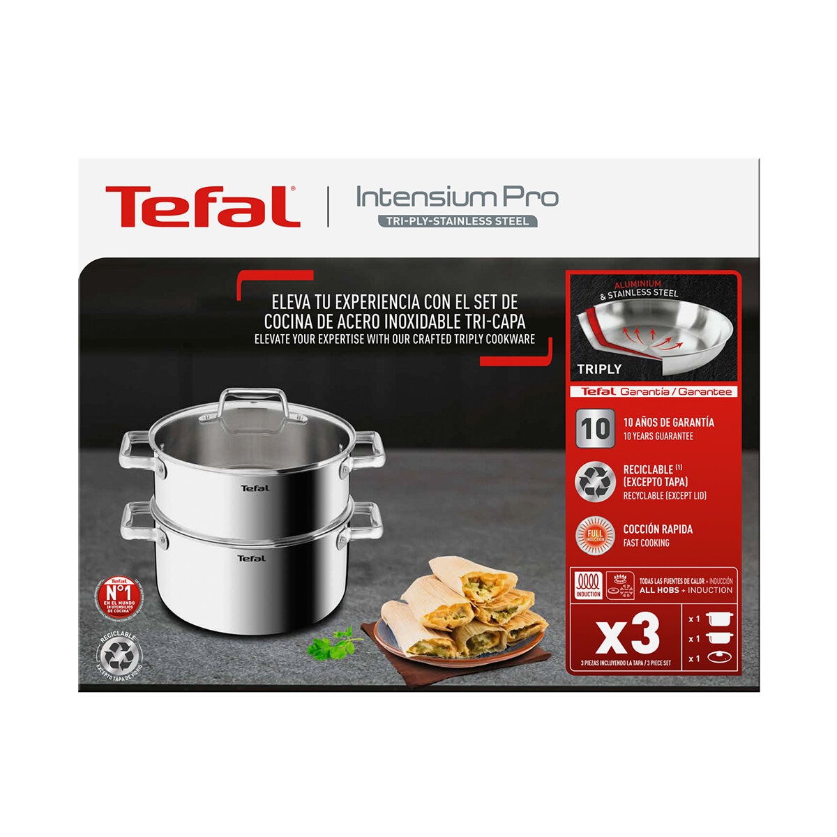 Tefal Batería de Cocina de Acero Inoxidable Tri-capa de 3 Piezas