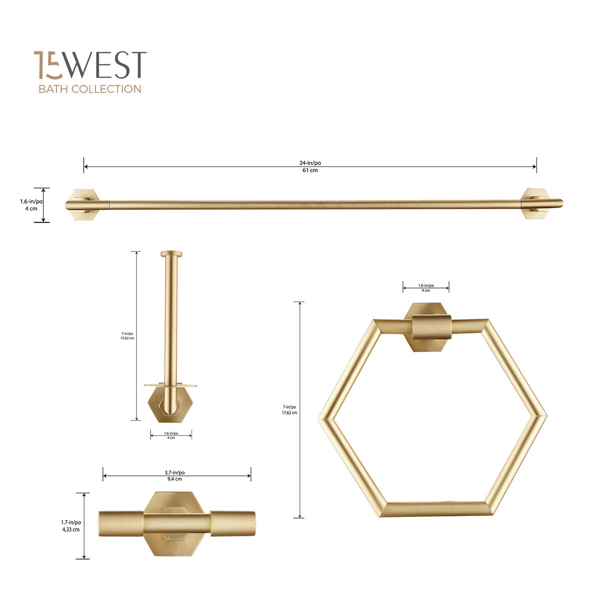 15West, Set de Accesorios para Baño York - Oro Cepillado