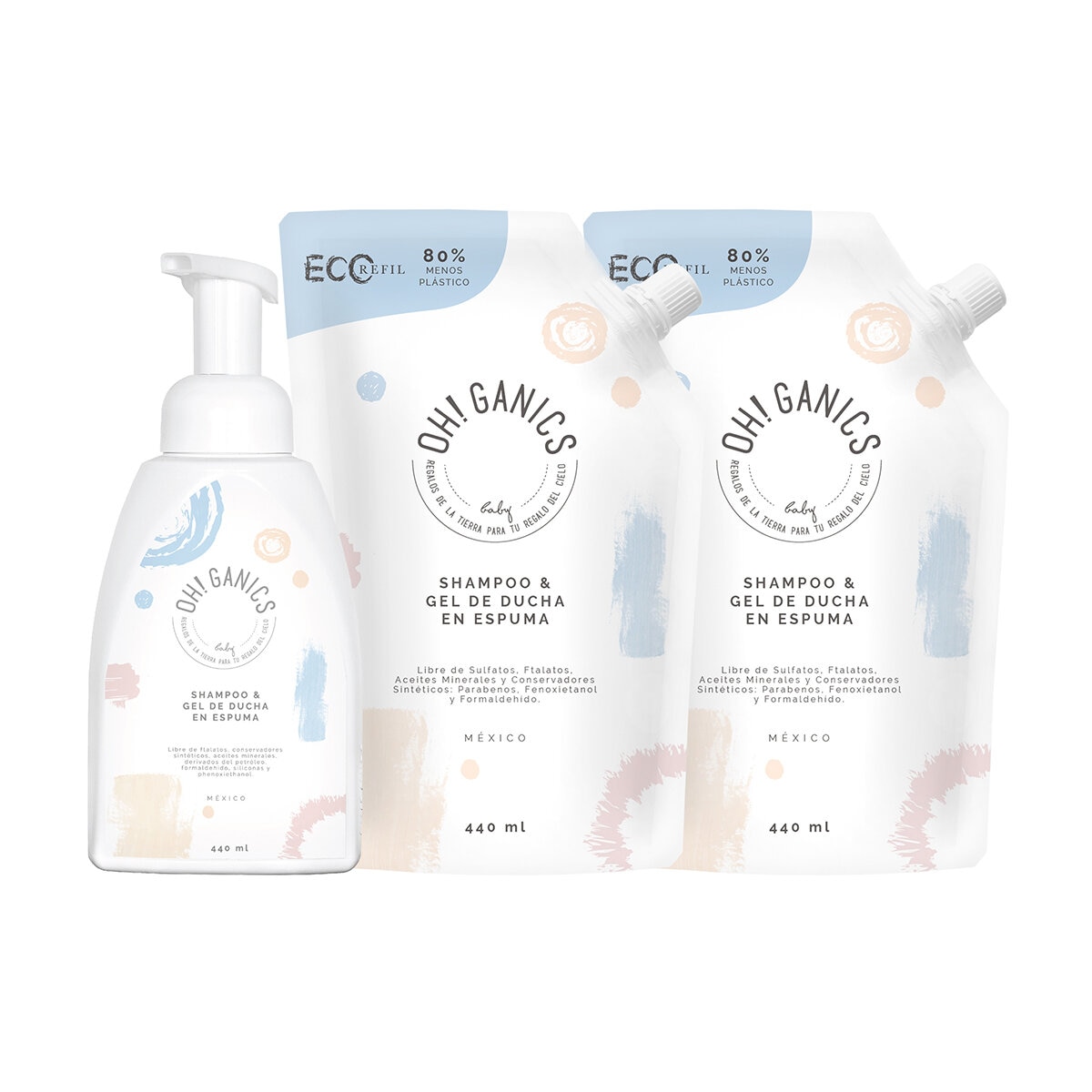 Oh!Ganics Kit Shampoo 2 en 1 de 440 ml con 2 Refills