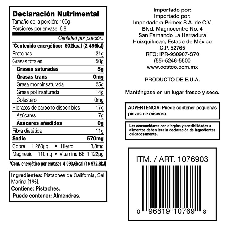 Kirkland Signature Pistaches sin Cáscara Tostados y Salados 680 g