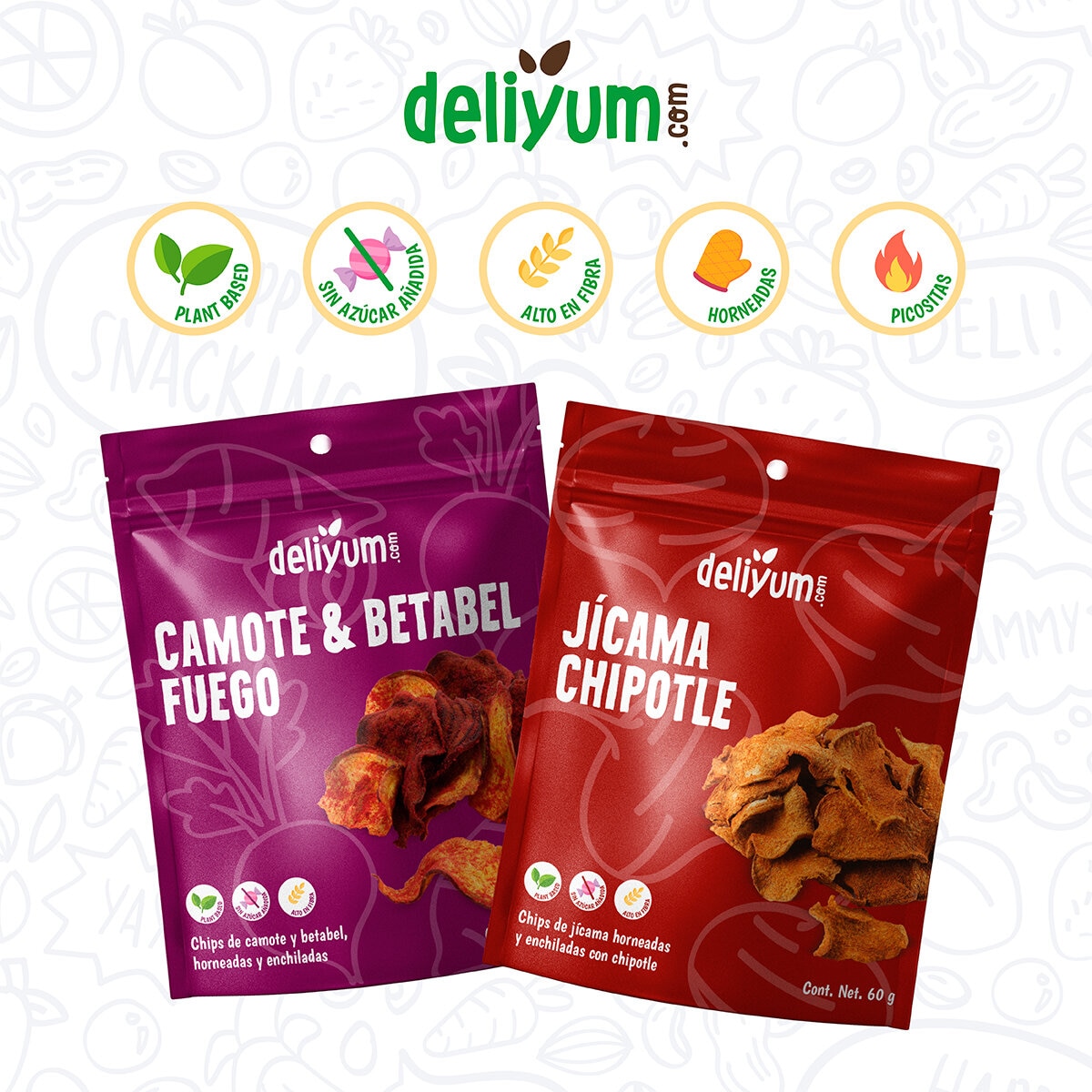 Deliyum.com Mix de Vegetales Deshidratados Jícama Chipotle y Camote & Betabel Fuego 5 pzas de 60g