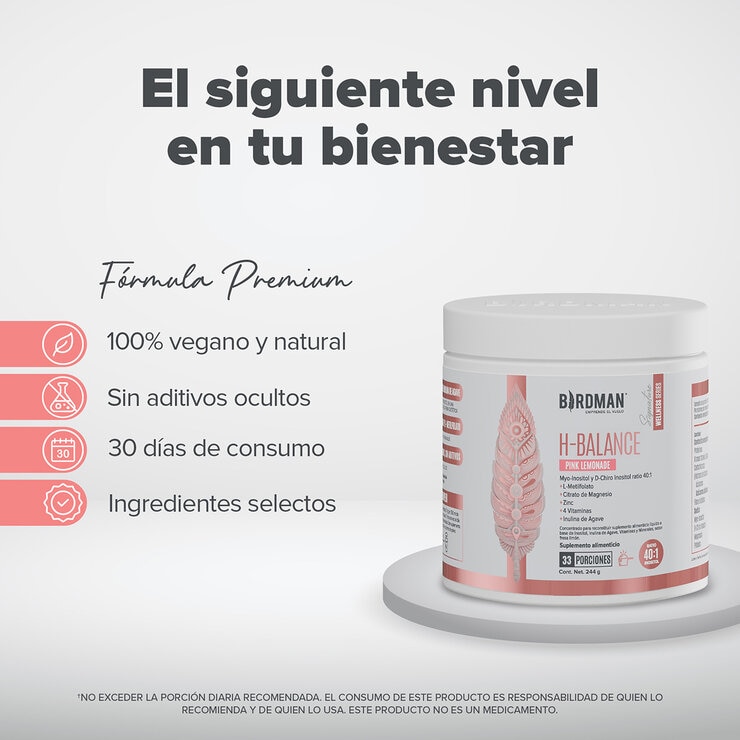 Birdman H Balance Inositol, Magnesio, L-Metilfolato en Polvo Sabor Limonada Rosa 244 gr