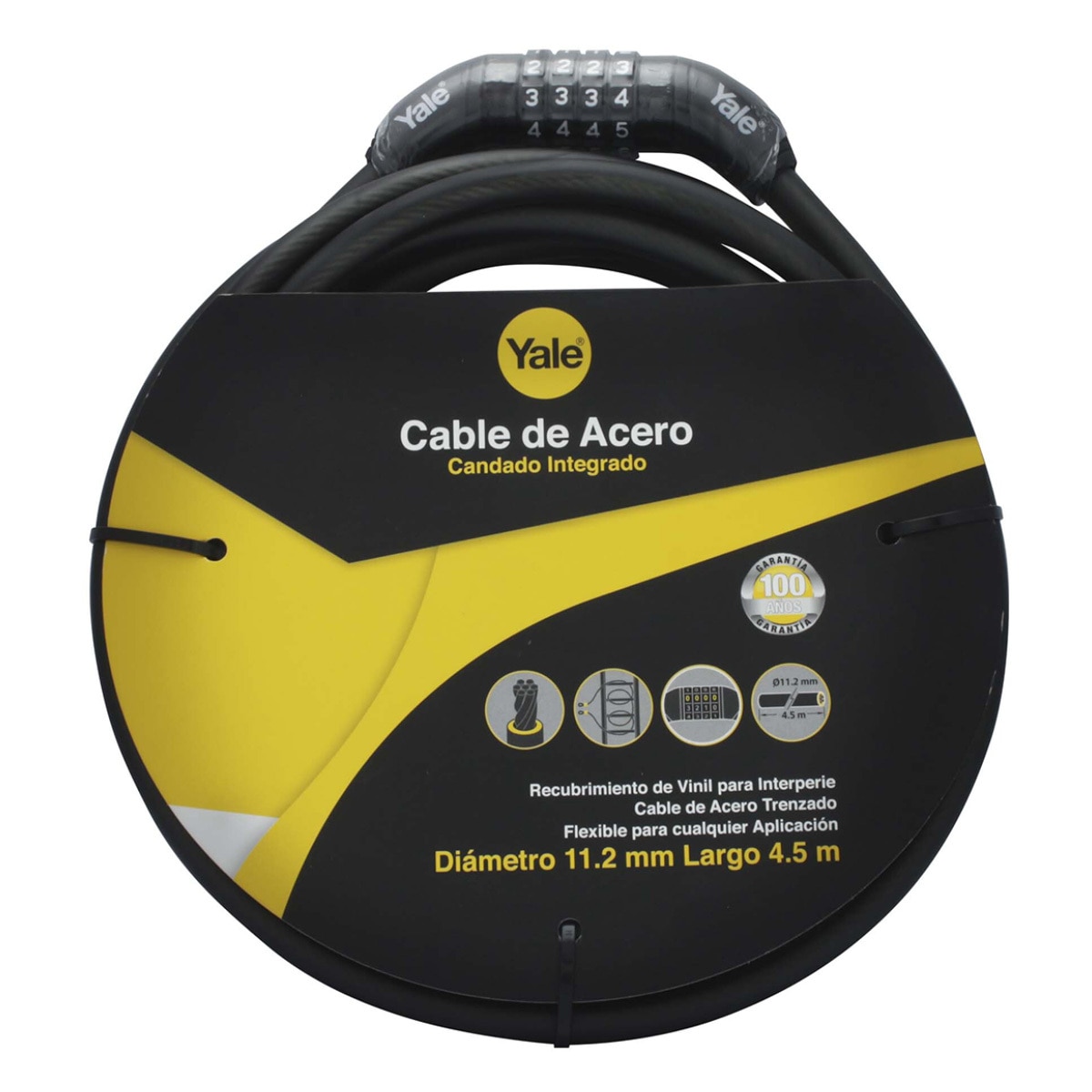 Yale, Cable de Acero con Candado de Combinación Integrado 11.2X4500 mm Yale, Cable de Acero con Candado de Combinación Integrado 11.2X4500 mm