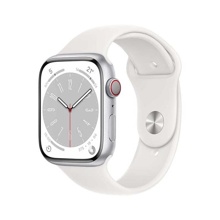 Apple Watch Series 8 (GPS + Celular) Caja de aluminio plata 45 mm con correa deportiva blanca