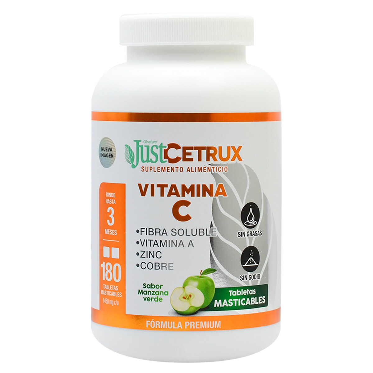 JustCetrux Vitamina C, Fibra Soluble, Zinc y Cobre Frasco con 180 Tabletas de 1450mg c/u