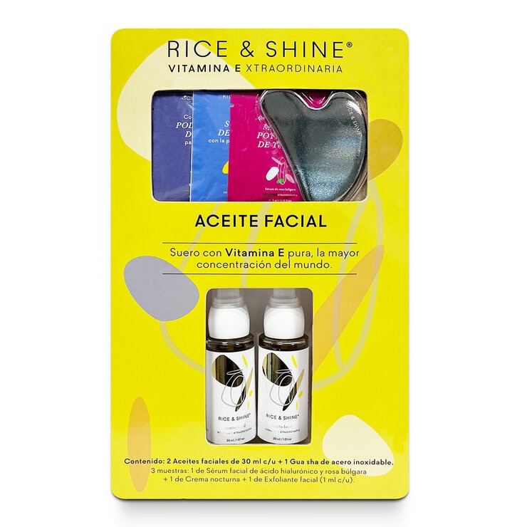Rice & Shine, Kit de 2 Aceites Faciales de 30 ml Cada Uno + Gua sha de Acero Inoxidable Rice & Shine, Kit de 2 Aceites Faciales de 30 ml Cada Uno + Gua sha de Acero Inoxidable