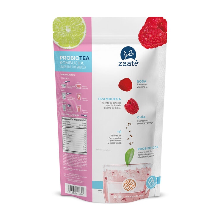 Zaaté Té Blanco Kombucha Limonada Frambuesa sin Azúcar 700 g