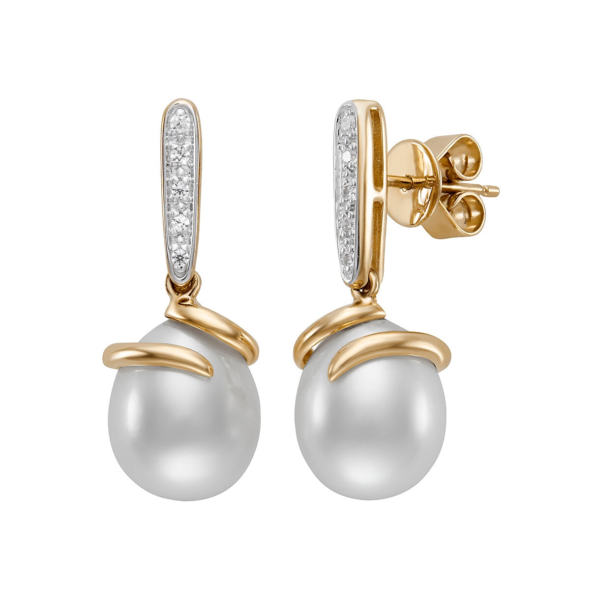Aretes de Perlas Cultivadas, 9-10mm, con Diamantes .08ctw, Oro Dos Tonos de 14K