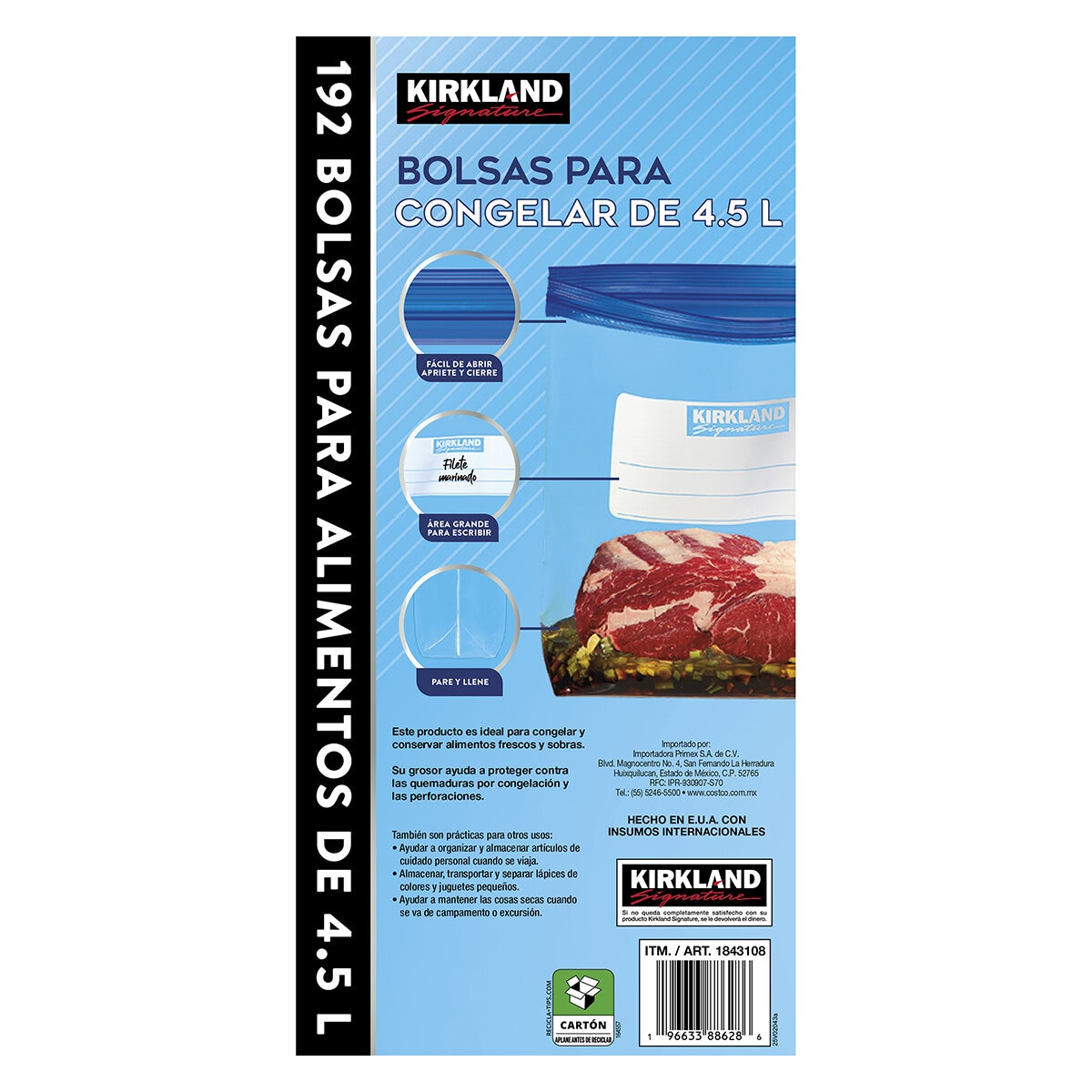 Kirkland Signature Bolsas para Congelar Alimentos 192 pzas de 4.5 l