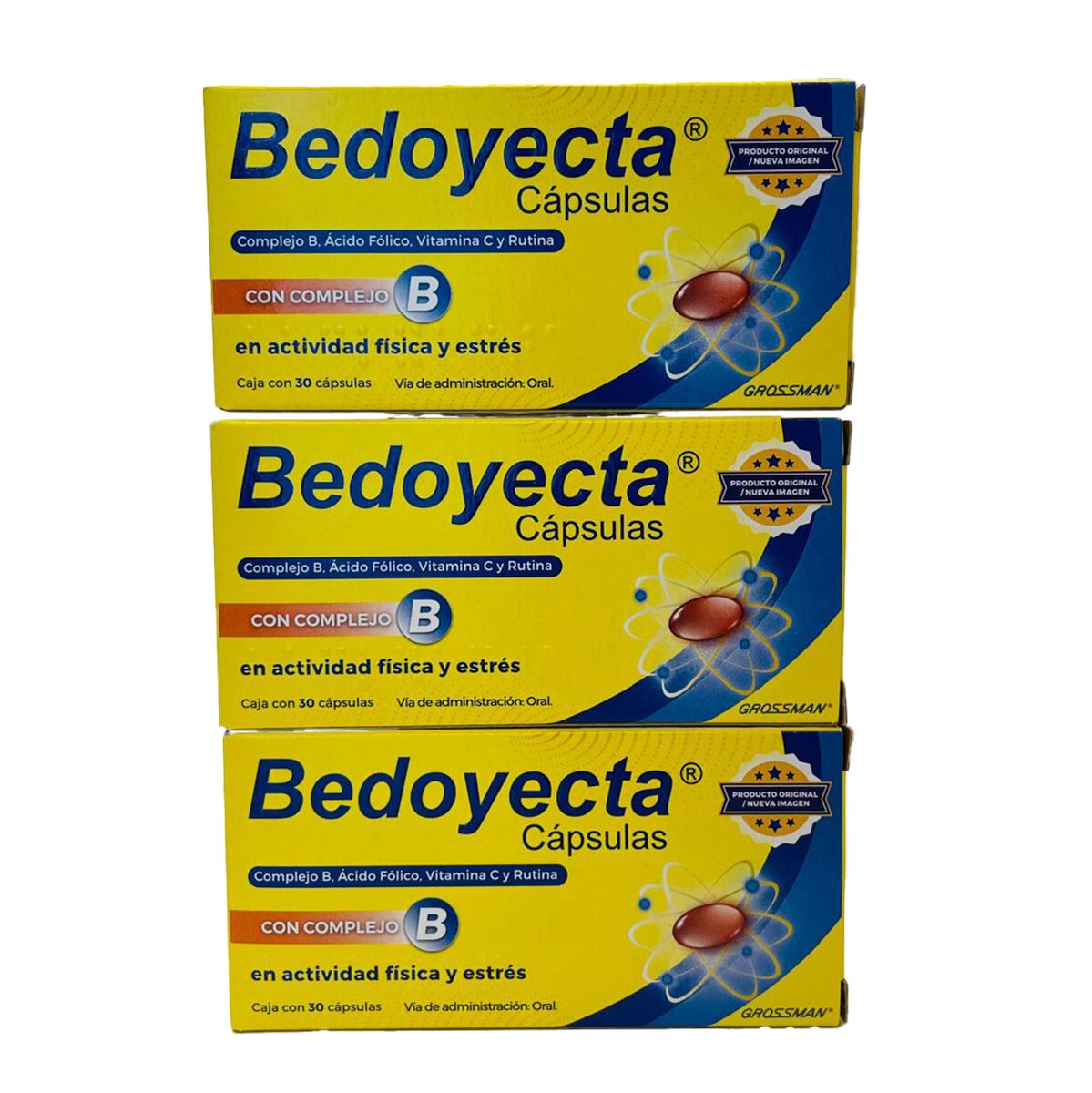 Bedoyecta Complejo B, Ácido Fólico, Vitamina C y Rutina Paquete con 3 Cajas de 30 cápsulas c/u
