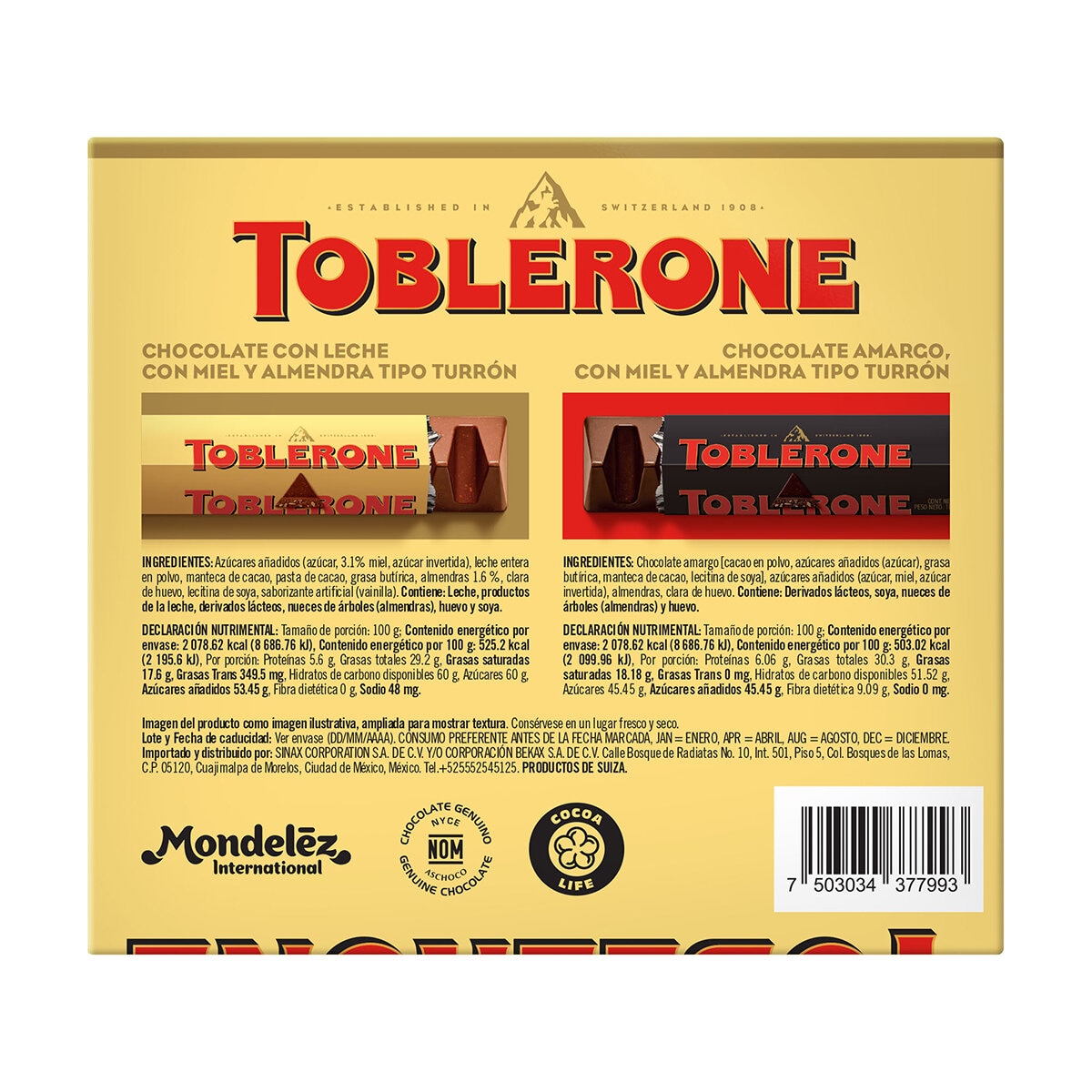 Toblerone Chocolate con Leche y Chocolate Amargo 4 piezas de 100 g