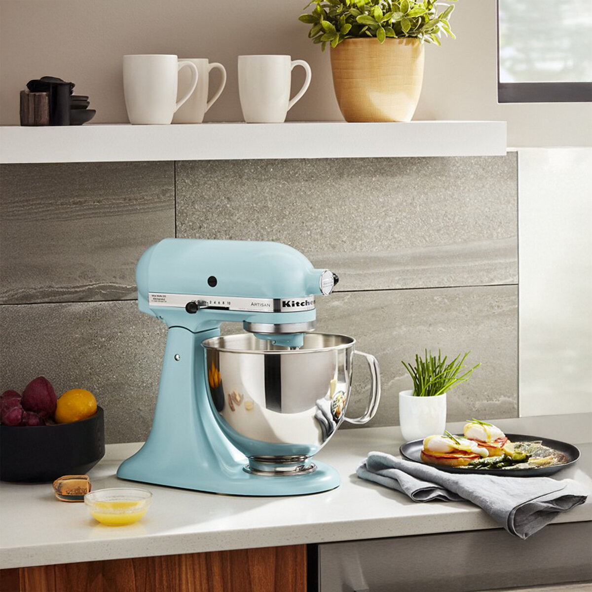 KitchenAid, Batidora Artisan, Tazón de acero inoxidable pulido con asa, 4.7 L, Mineral Blue