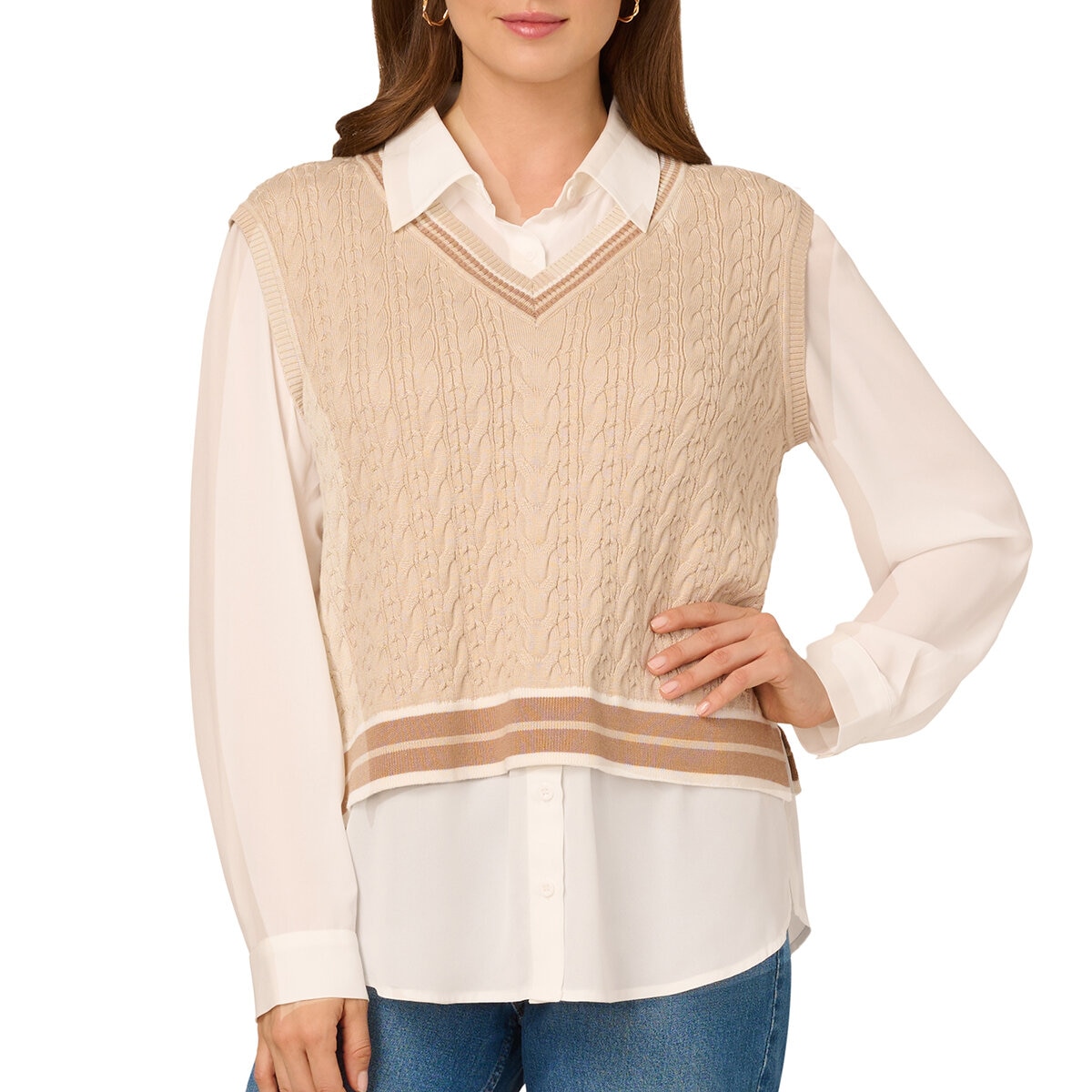 Adrianna Papell Chaleco con blusa simulada para Dama Café Mediana