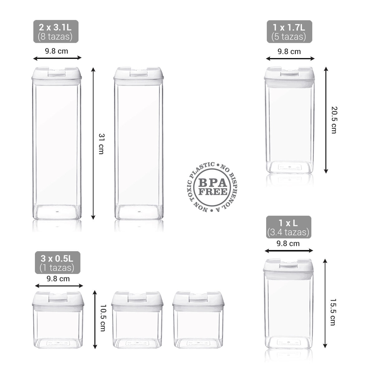 AG, Set de 7 contenedores para cocina con tapa hermética, Tapa Color Blanco