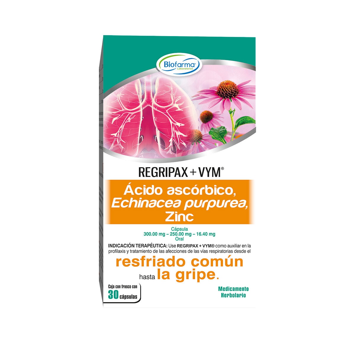 Regripax + VYM Ácido Ascórbico 300mg, Echinacea Purpurea 250mg , Zinc 16.40mg 2 de 30 cápsulas