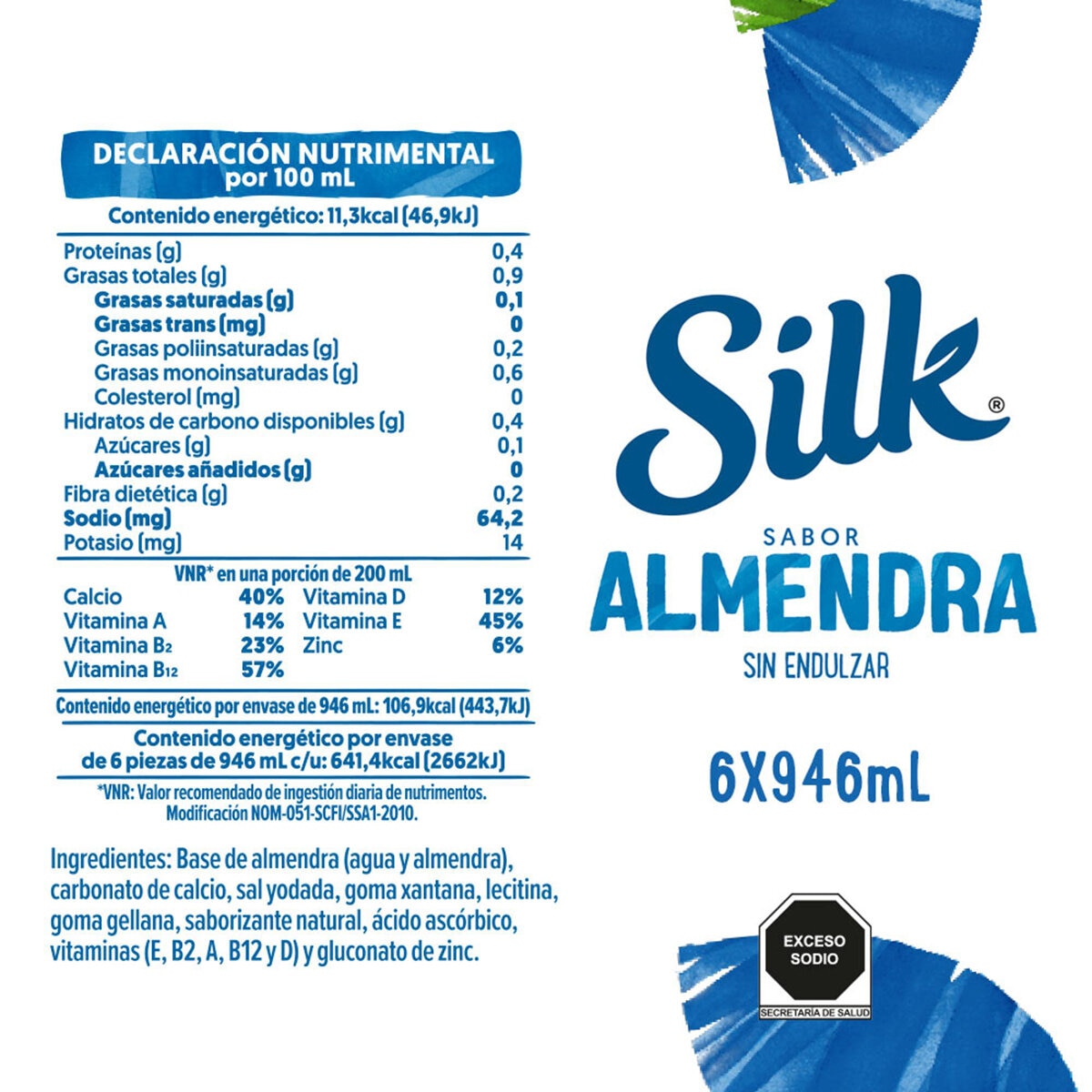 Silk Bebida de Almendra sin Azúcar 6 pzas de 946 ml