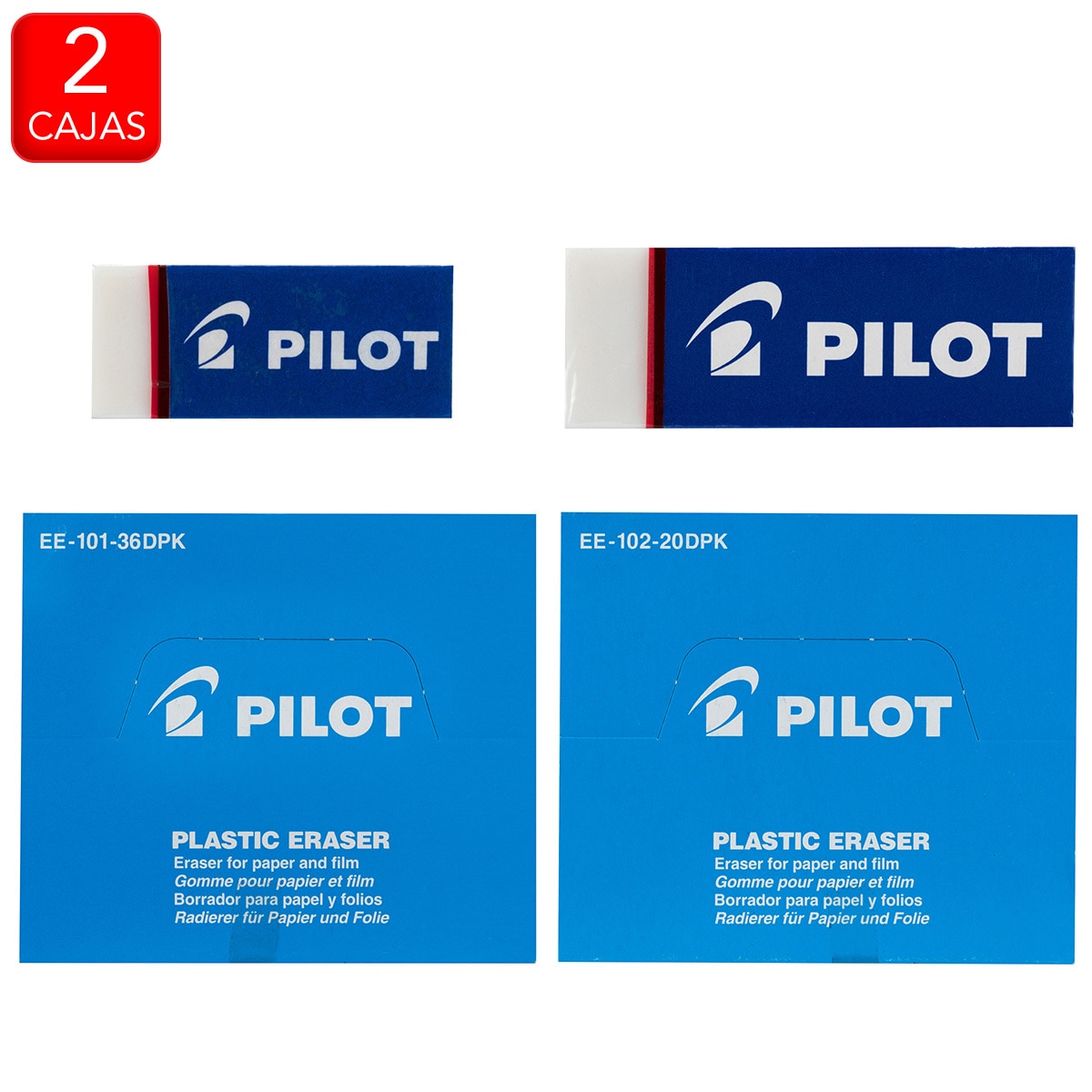 Pilot borradores plásticos diferentes tamaños, 2 cajas