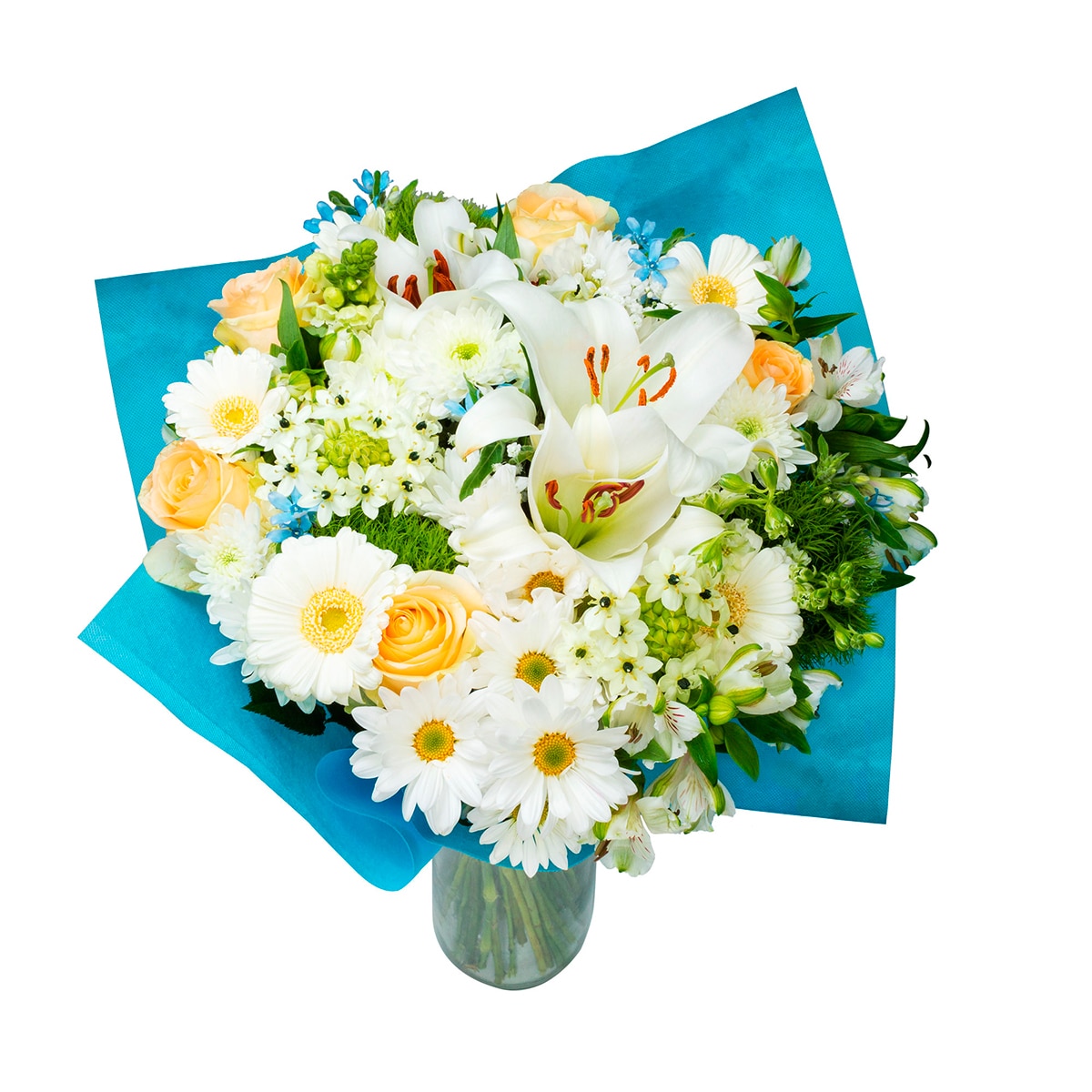 Bouquet mixto de 36 tallos en tonos blanco y azul