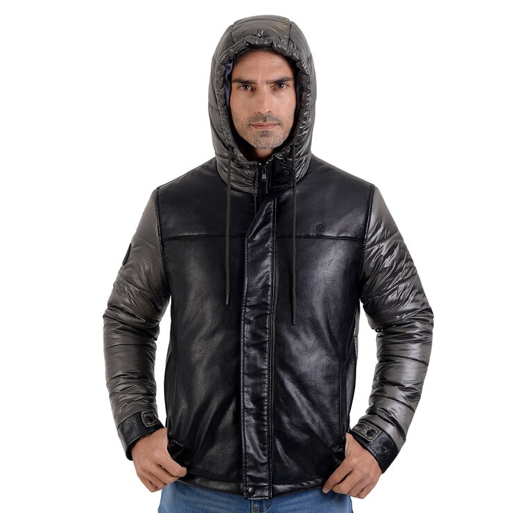 Perry Ellis, Chamarra de Piel Sintética para Caballero Color Negro/Gris Perry Ellis, Chamarra de Piel Sintética para Caballero Color Negro/Gris