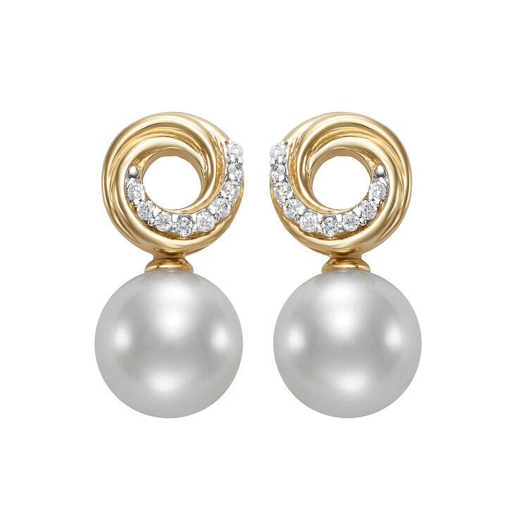 Aretes de Perlas Cultivadas, 7.5-8.0mm, con Diamantes .07ctw, Oro Amarillo de 14K