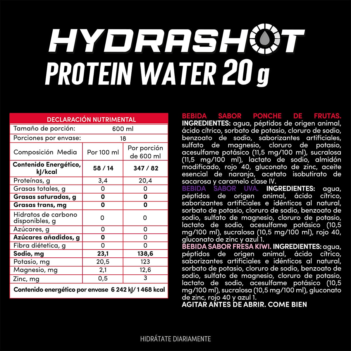Hydrashot Bebida de Proteína + Electrólitos con 20 g de Proteína 18 / 600 ml