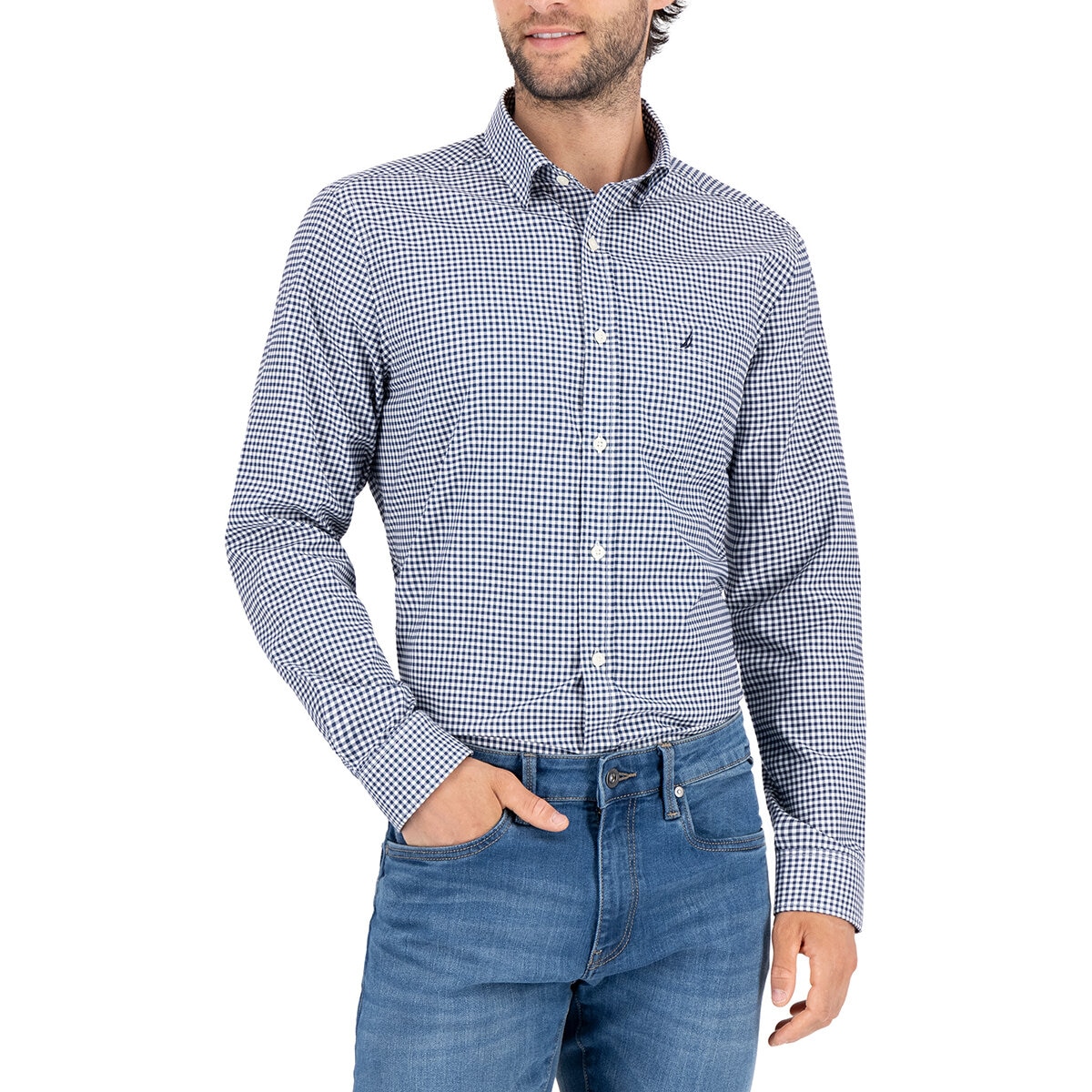 Nautica Camisa para Caballero Azul y cuadros blancos Mediana