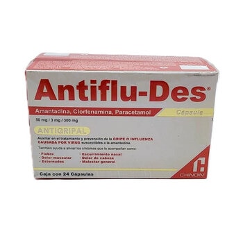 Antiflu-Des Amantadina 50mg, Clorfenamina 3mg, Paracetamol 300mg 2 Cajas de 24 Cápsulas c/u