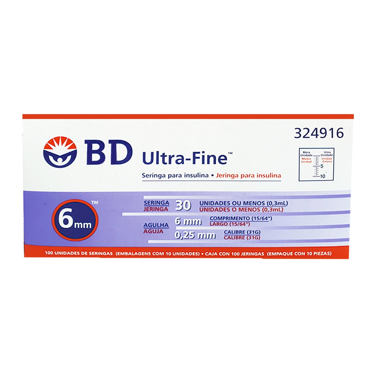 BD Jeringa Ultra-Fine 0.3mL 31G 6mm c/100 Piezas Autocontenidas
