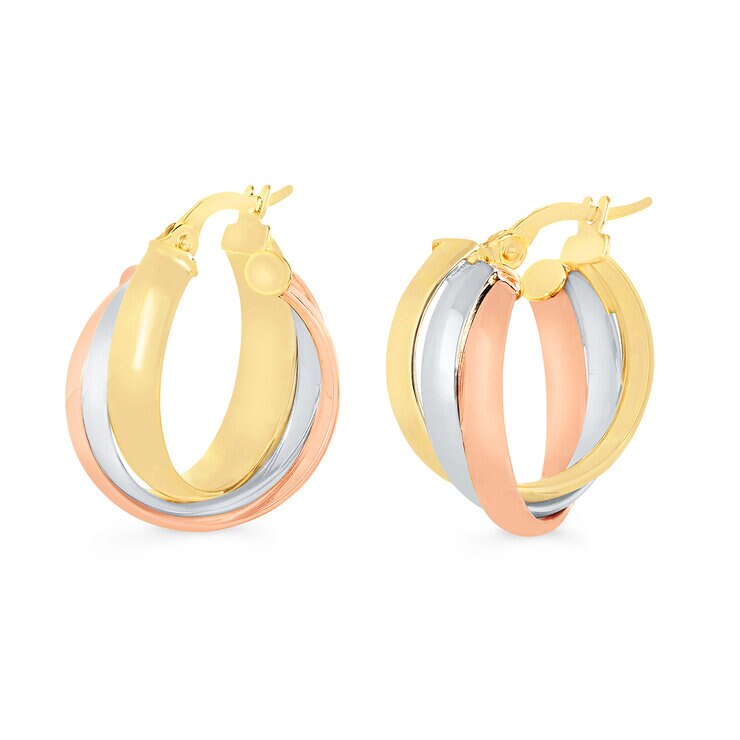 Aretes, Arracadas de Triple Fila, Oro Tres Tonos 14K Aretes, Arracadas de Triple Fila, Oro Tres Tonos 14K