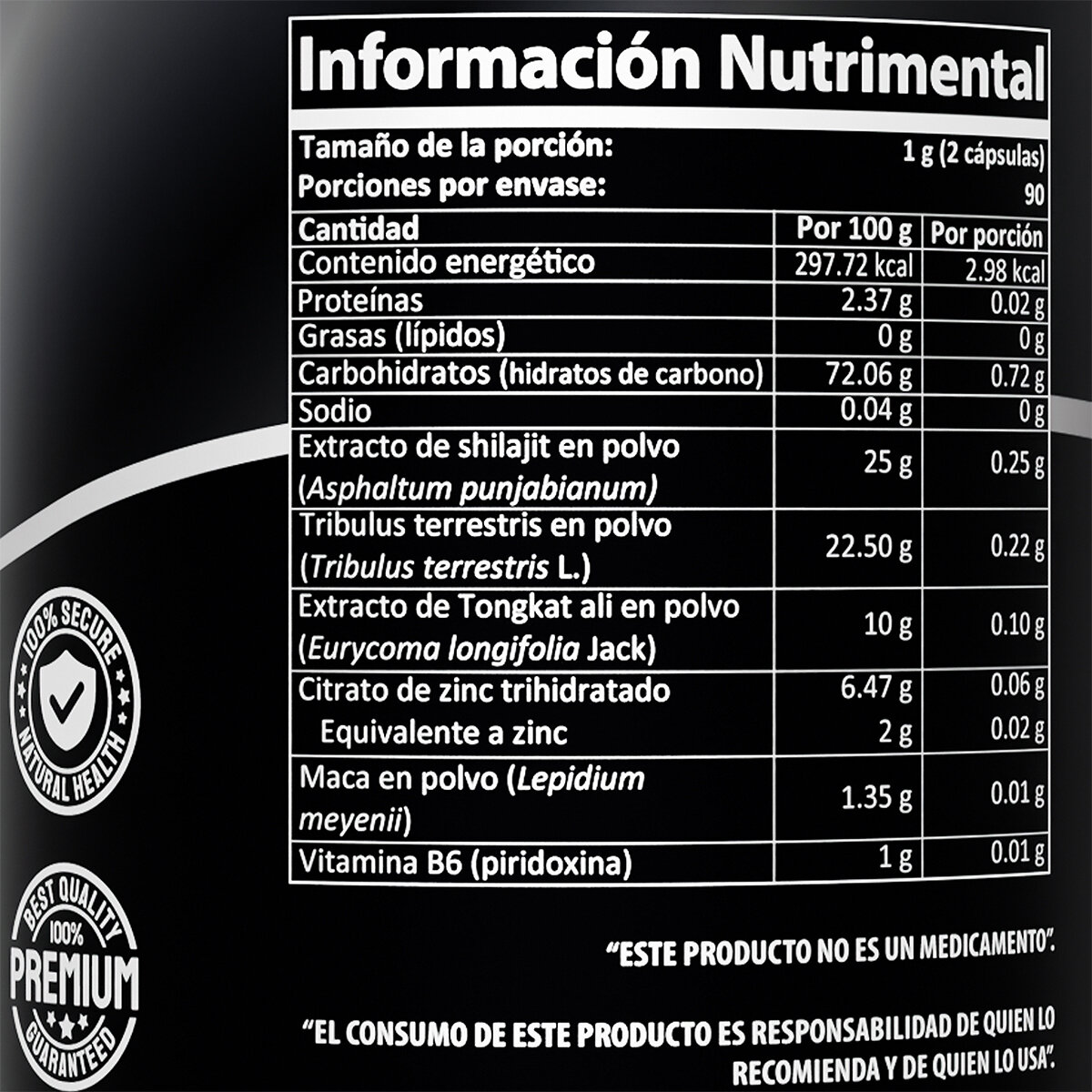 Proyectile Maca, Tongkat Ali, Shilajil y Tribulus Terrestris 180 Cápsulas