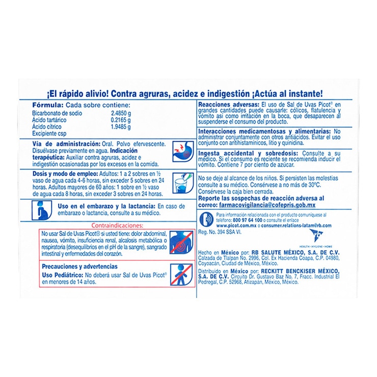Picot Sal de Uvas Bicarbonato de sodio, Ácido tarárico, Ácido cítrico 6 pzas de 10 Sobres