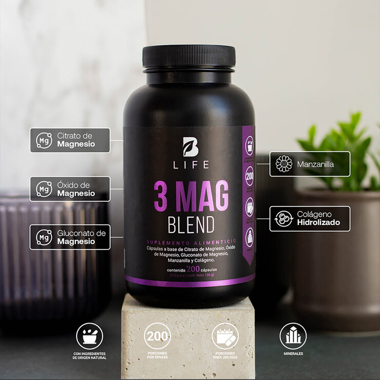 B Life Mezcla de Magnesios, Citrato de Magnesio, Oxido de Magnesio, Gluconato de Magnesio Frasco con 200 Cápsulas