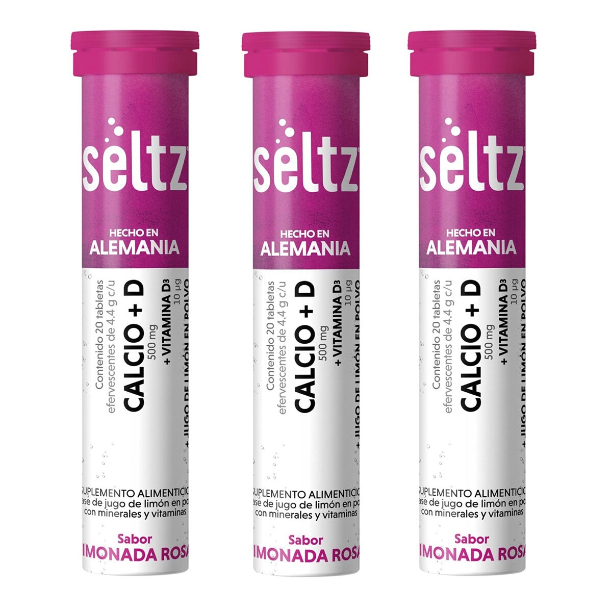 Seltz Calcio + Vitamina D 3 Tubos con 20 Tabletas Efervescentes c/u Sabor Limonada Rosa Seltz Calcio + Vitamina D 3 Tubos con 20 Tabletas Efervescentes c/u Sabor Limonada Rosa