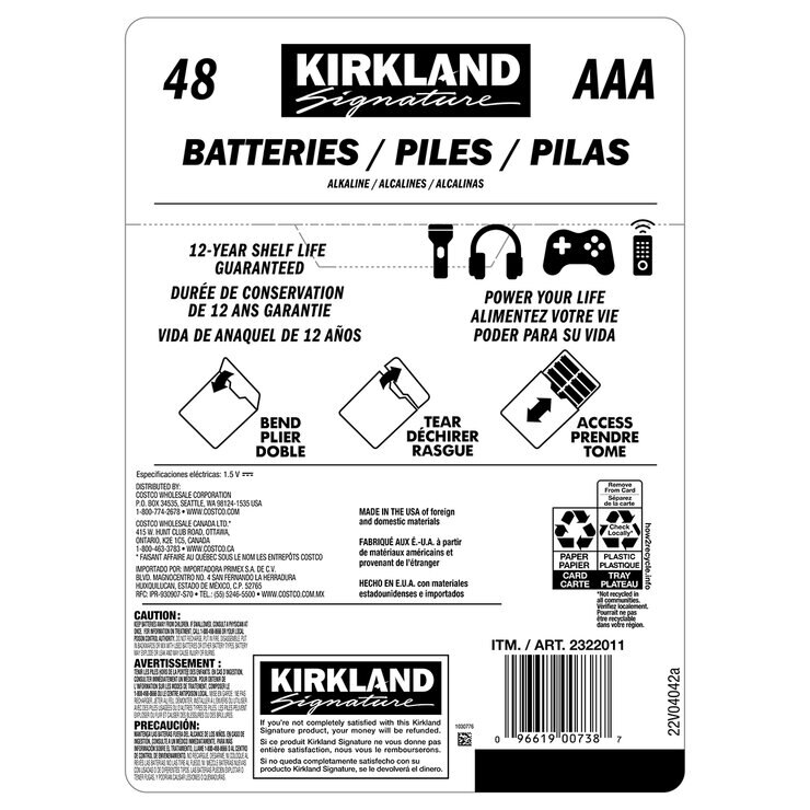 Kirkland Signature, Pilas Alcalinas AAA de 48 piezas