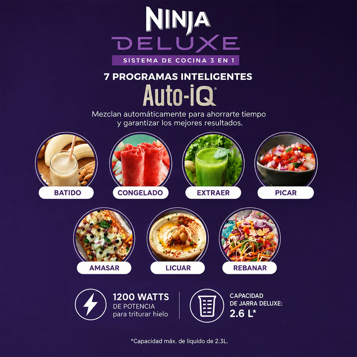 Ninja Deluxe, Sistema de Cocina con Jarra de 2.6 L, Procesador de 9 Tazas, 2 Discos de Rebanado/triturado, 2 Vasos de 700 ml