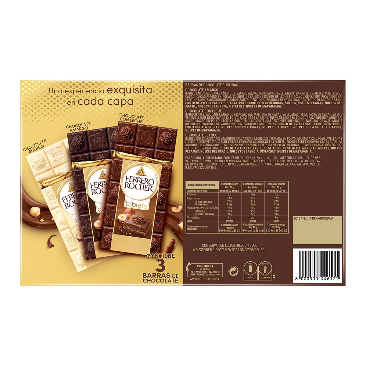 Ferrero Rocher Tabletas De Chocolate 3 pzas de 90g