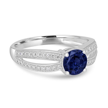 Anillo de Zafiro y Diamantes, 0.18ctw, Oro Blanco 14kt