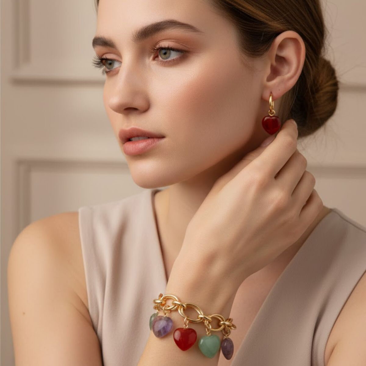 Mayfer, Juego Pulsera y Aretes con Piedra Natural