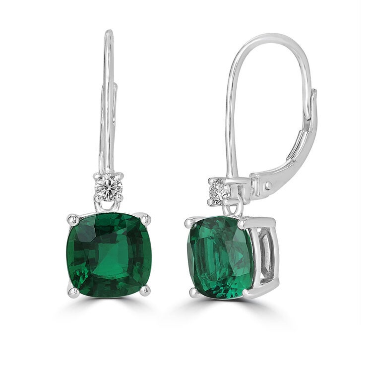 Aretes de Esmeralda Creada con Diamantes 0.10ctw, Oro Blanco de 14K Aretes de Esmeralda Creada con Diamantes 0.10ctw, Oro Blanco de 14K