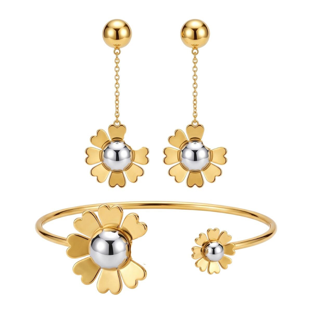 Mayfer, Juego Dorado de Aretes y Pulsera con Diseño de Flor Mayfer, Juego Dorado de Aretes y Pulsera con Diseño de Flor