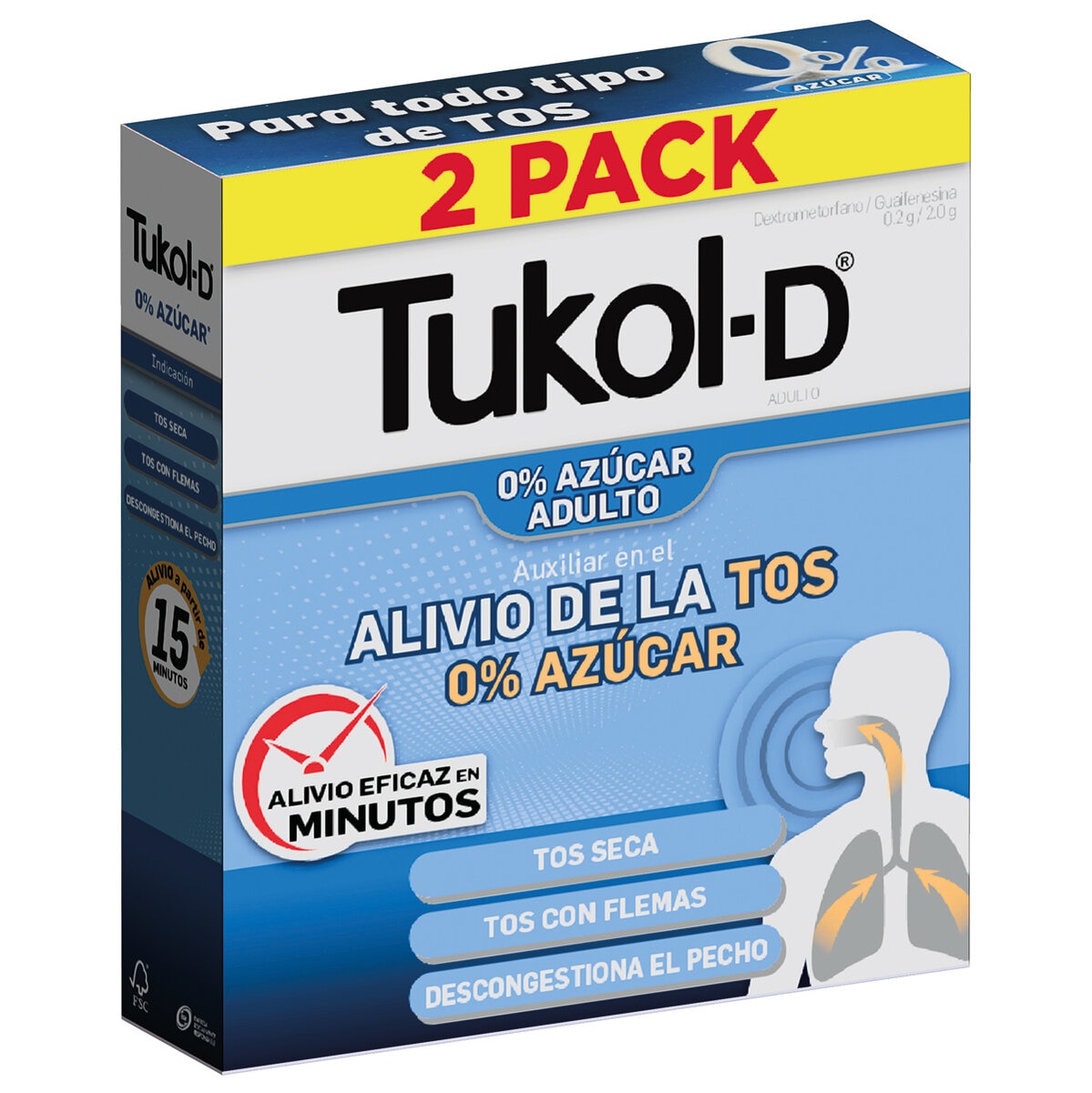 Tukol-D 0% Azucar Jarabe para la Tos 2 Frascos de 125 ml c/u